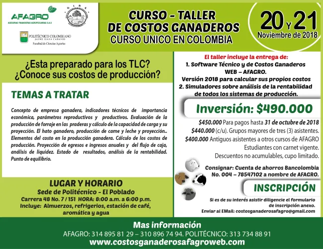 Curso -Taller ÚNICO en Colombia en Costos de producción ganaderos